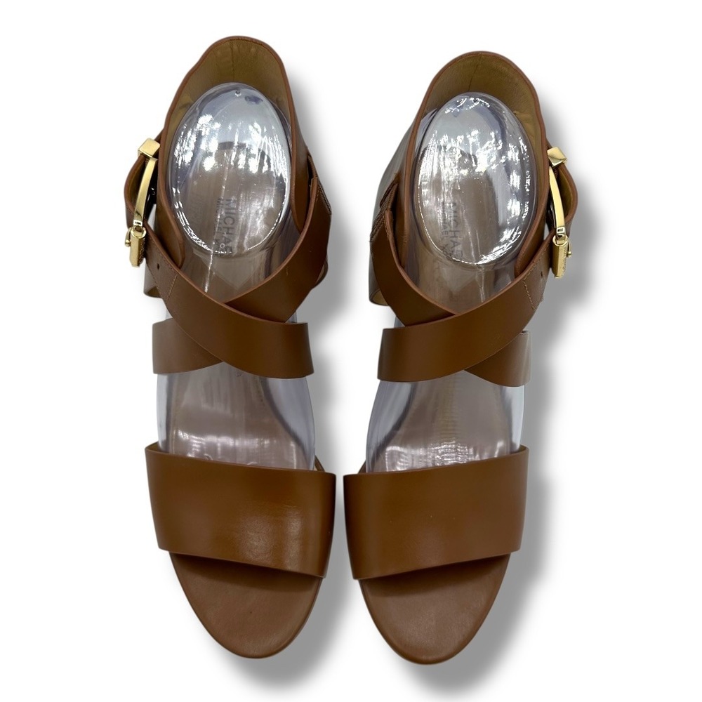 Michael Kors Womens Luggage Tan Leather Adriana Wedge Sandals Gold Buckle Sz 9.5 - Picture 8 of 16